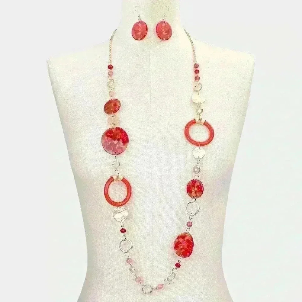 Red & Gold Multi Disc Ring Necklace with Earrings
